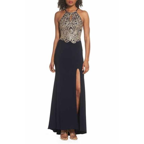 BLONDIE NITES Navy Blue Gold Rhinestone Embellished High Slit Maxi Dress Gown 9 - Picture 1 of 9